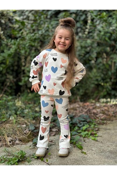 YİGİT BUTİK Yigit Boutique Colorful Heart Printed Girls' Set with Tights