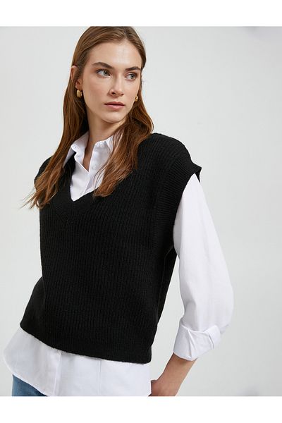 Koton Knitted Ribbed V-Neck Sweater