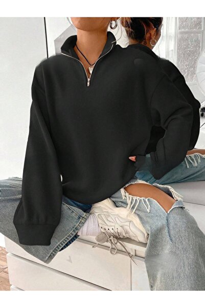 OVER HEAD سويت شيرت نسائي أسود بنصف سحاب ورقبة عالية