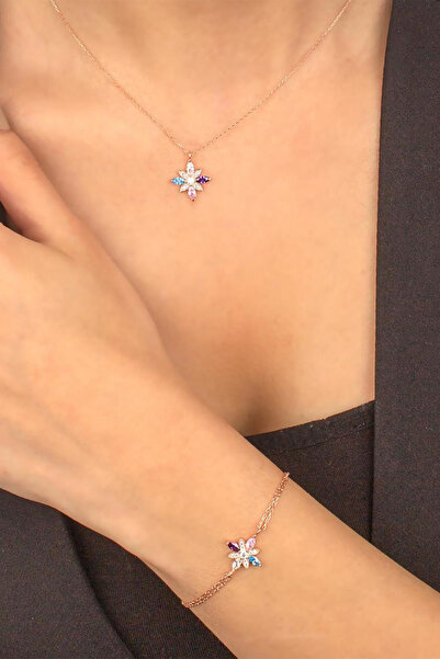 Else Silver 925 Ayar Gümüş Mix Taşlı Umut Çiçeği Kolye Bileklik Kombin