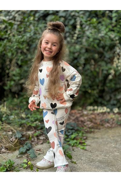 YİGİT BUTİK Yigit Boutique Colorful Heart Printed Girls' Set with Tights