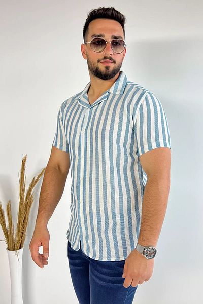 MİSHAR İTALİA Мъжка ленена риза с райета Petrol Slim Fit