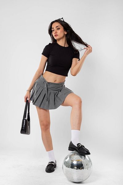 Bak Moda Gray Pleated Shorts Skirt - Belt Detailed