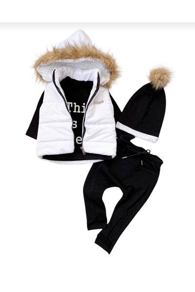 Mai Perla Baby Boy Hooded White Inflatable Vest Furry Bottoms Black 4-Piece Set