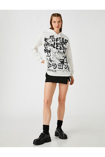 Koton Oversize Printed Hooded Sweatshirt with Fleece Inside