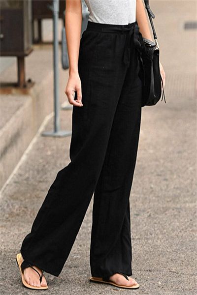 diaves Women's Elastic Waist Belt Detail Linen Trousers