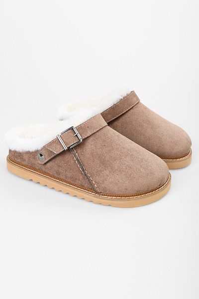 Shoeberry Flache Damen-Hausschuhe Saboi aus Nerz-Wildleder mit Fell innen