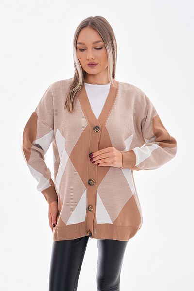 Pinpery 5 Buttoned Diamond Patterned Oversize Knitwear Cardigan