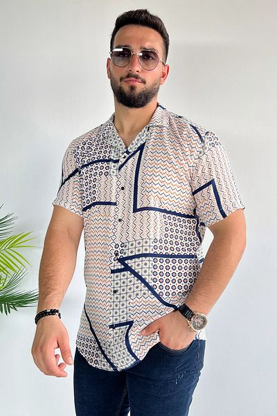 MİSHAR İTALİA Мъжка риза с щампована вискоза в тъмносиня прилепнала кройка