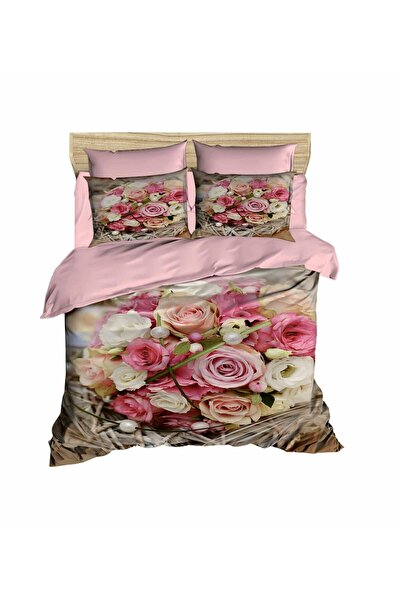Fabeteks Love Pink and White Roses 3D Digital Double Duvet Cover Set