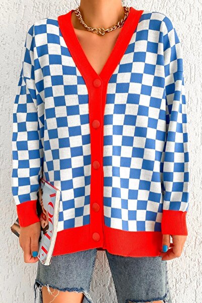 Mossta Blue Elena Checkerboard Patterned Buttoned Cardigan