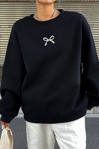 EFBUTİK Μαύρο φούτερ με 3 νήματα Y2K Harajuku Tiny Bow