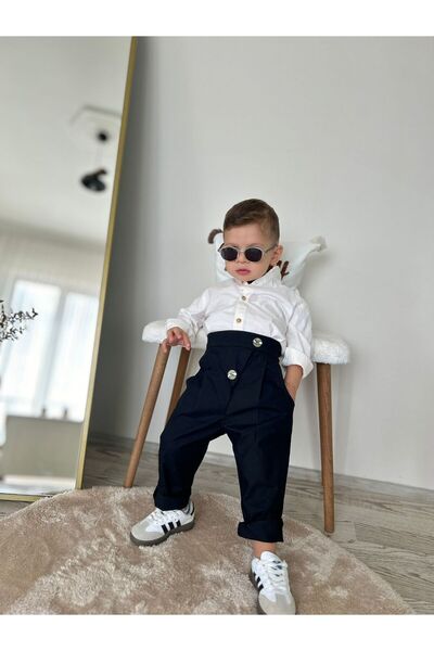 favorimkids بنطلون أسود مطوي كريمي بياقة القاضي، قميص سفلي، مجموعة علوية