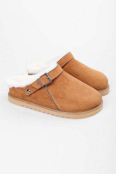 Shoeberry Flache Damen-Hausschuhe von Saboi aus braunem Wildleder mit Fell innen