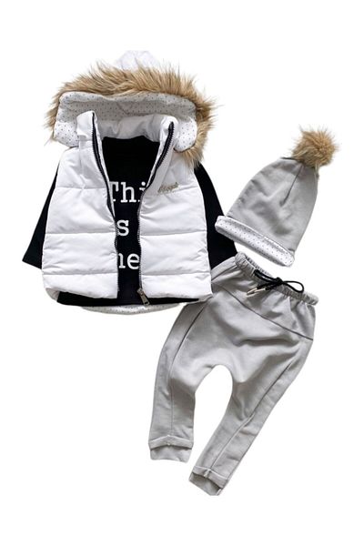 Mai Perla Baby Boy Hooded White Inflatable Vest Furry Bottom Gray 4-Piece Set