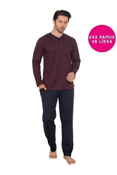 bie's Plus Size Claret Red Buttoned Cotton Lycra Long Sleeve Seasonal Pajamas Set with Chest Pockets