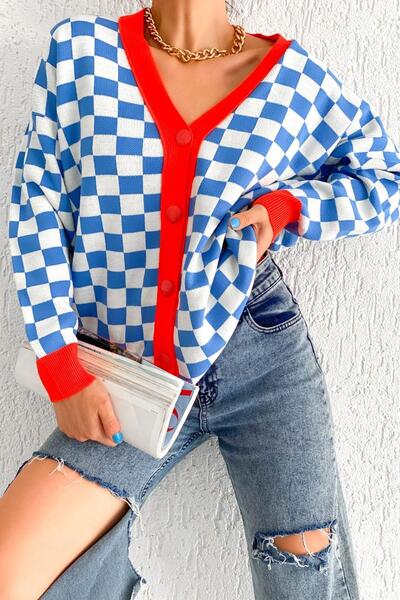 Mossta Blue Elena Checkerboard Patterned Buttoned Cardigan