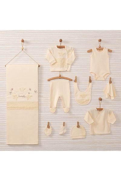 Bebbek Unisex Baby Beige Organic Butterfly 10 Piece Newborn Hospital Discharge Set Alze003