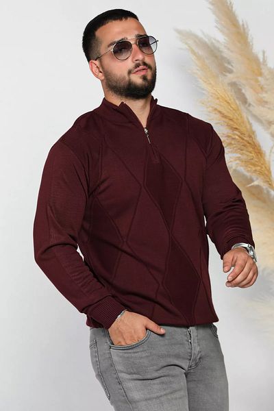 MİSHAR İTALİA Claret Red Men's Half Fisherman Zippered Patterned Knitwear Sweater