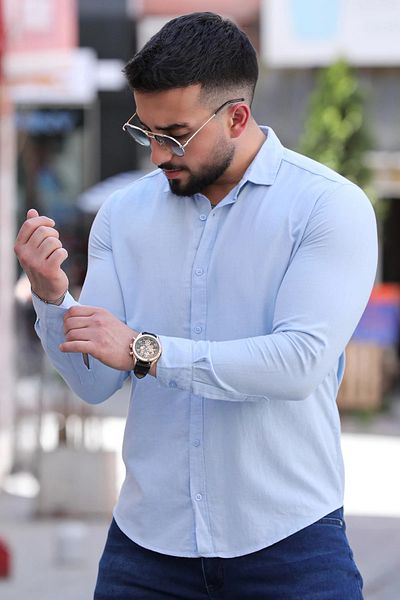 MİSHAR İTALİA Ice Blue μακρυμάνικο ανδρικό πουκάμισο Basic