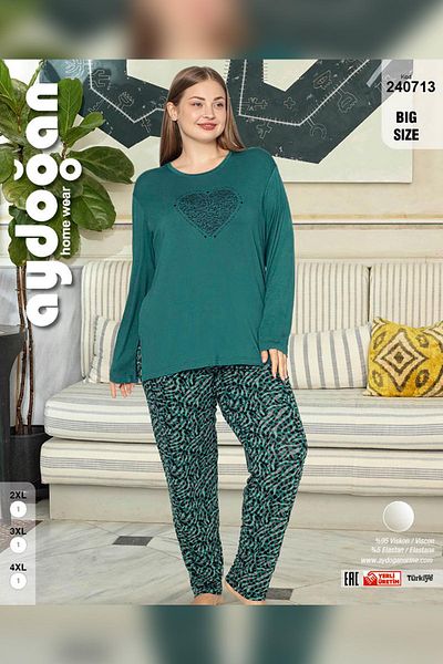 Aydoğan Women's Pearl Plus Size Heart Printed Emerald Pajamas Set 0713