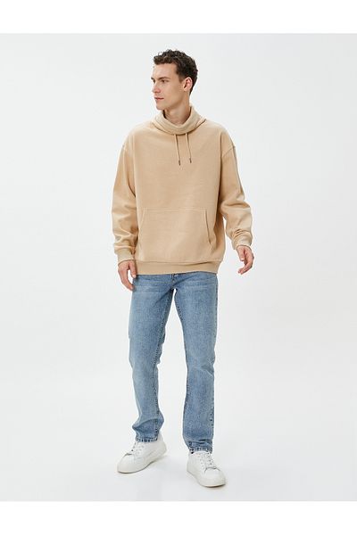 Koton Oversize Sweatshirt Shawl Collar Kangaroo Pocket Lace Up Ribbon
