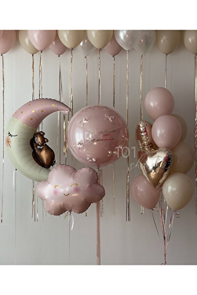 Çemrek Süs Parti Pembe Bulut Ayılı Ay Folyo Balonlu Balon Seti 25 Parça