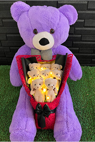 lenostra Sevgiliye Hediye 80cm Mor Ayıcık ve 8 Ayıcıklı Işıklı Ayıcık Buketi