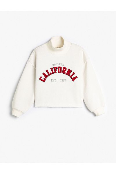 Koton Crop Oversize College Sweatshirt Stand-up Collar with Ribbon