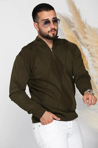 MİSHAR İTALİA Мъжки пуловер с половин поло яка и цип, цвят каки
