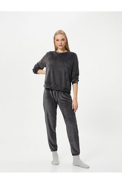Koton Winter-Pyjama-Oberteil, samtweich, strukturiert, langärmlig, Rundhalsausschnitt