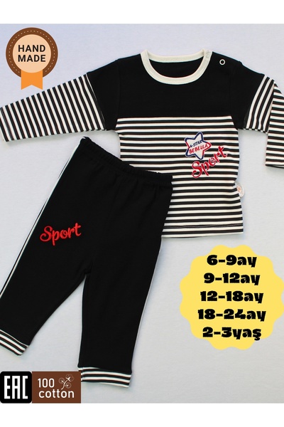 Tomuycuk Cotton Newborn Boy Set - Black White & Striped Bottom Top 2 Piece