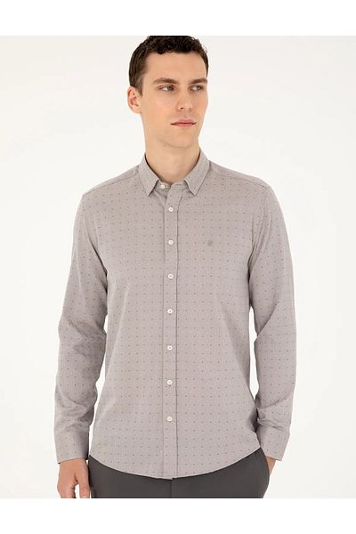 Pierre Cardin Ανδρικό πουκάμισο καφέ Slim Fit G021GL004.000.1104288