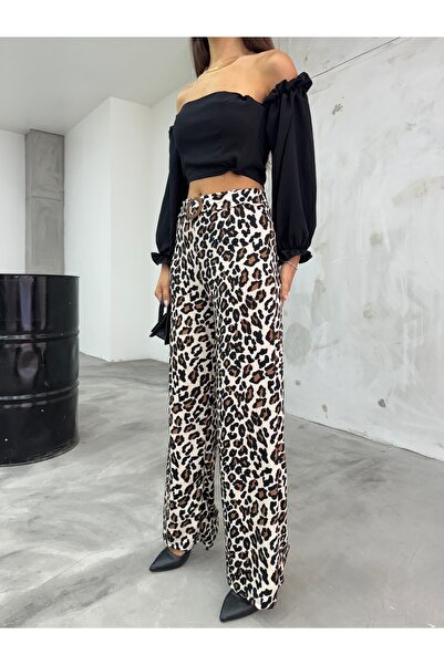BİKELİFE Women's High Waist Leopard Print Belt Detailed Palazzo Trousers