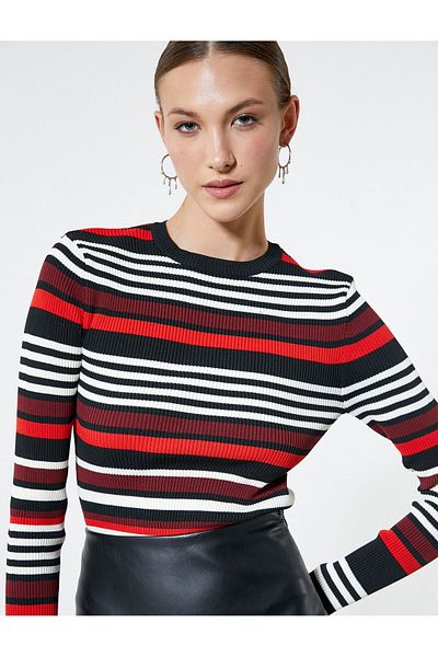 Koton Strickpullover mit Rundhalsausschnitt, langen Ärmeln, gerippt