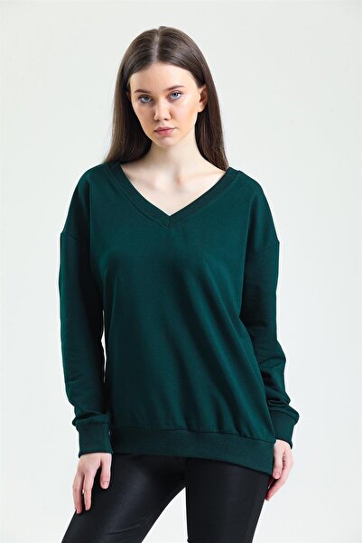 TF The Fancy For You Fancy Kadın V Yaka Nefti Yeşili Regular Basic Sweatshirt