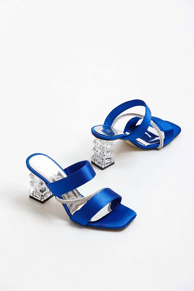 Santamarina Papuci cu toc pentru femei Austin Blue Satin Transparent