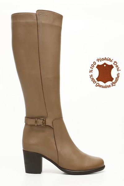 GÖNDERİ(R) Women's Mink Antique Zippered Thick Heeled Genuine Leather Boots