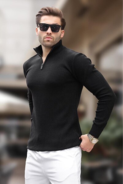 Madmext Черен плетен пуловер с яка с цип и дълъг ръкав 7286