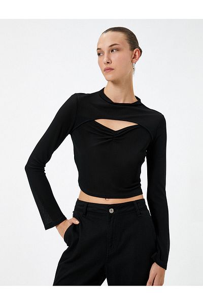 Koton Long Sleeve Window Detailed Draped Crop Bodysuit