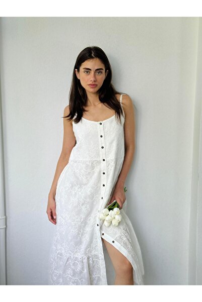 Retrobird Γυναικείο φόρεμα Adel Brode με λευκές τιράντες