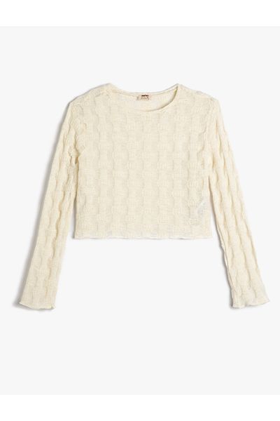 Koton Crop Sweatshirt Textured Long Sleeve Crew Neck