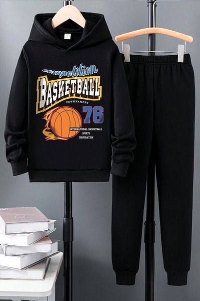 uyguntarz Bequemes Kinder-Trainingsanzug-Set mit Basketball-Aufdruck