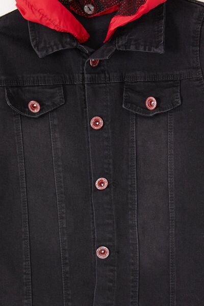 Minigimin Cicileri Boy's Denim Jacket - My Little One, Hooded, Wklnd, Skinny Fit - Black/red