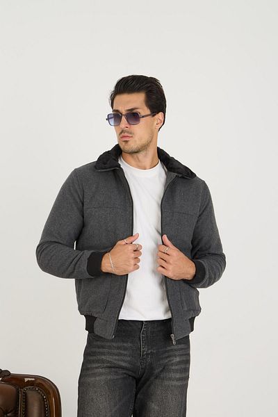 DAMGA JEANS Ανδρικό κολεγιακό μπουφάν από γούνινο βαμβακερό Bomber Anthracite