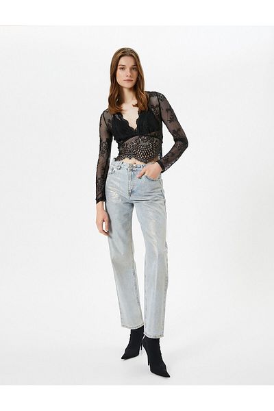Koton Spitzenbluse, transparent, bauchfrei, V-Ausschnitt