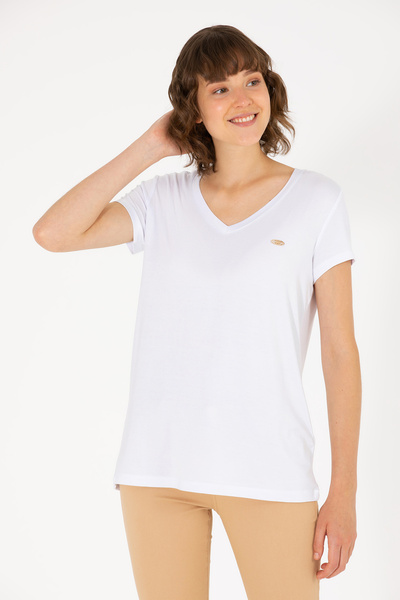U.S. Polo Assn. Kadın Beyaz V Yaka Basic Tişört 50262610-VR013