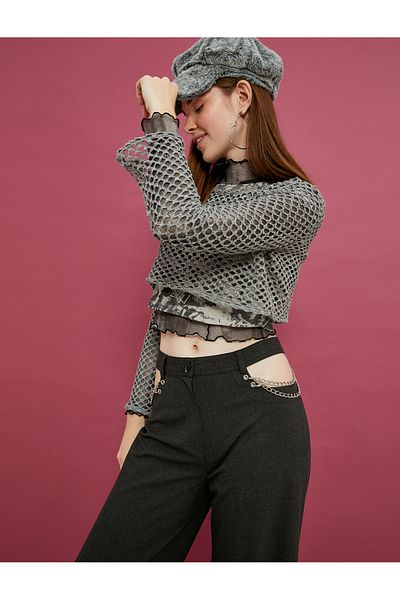 Koton Openwork Spanish Sleeves - Long Sleeve Crop T-Shirt, Glitter Detail, Comfortable Fit