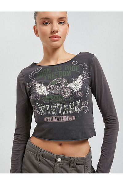 Koton Long Sleeve T-Shirt Washed Printed Crew Neck