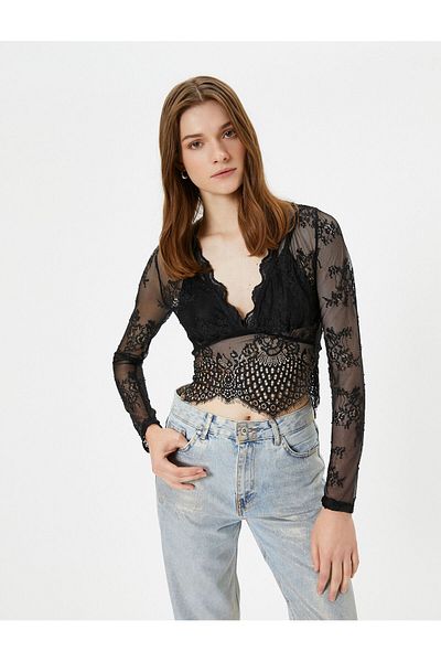 Koton Spitzenbluse, transparent, bauchfrei, V-Ausschnitt
